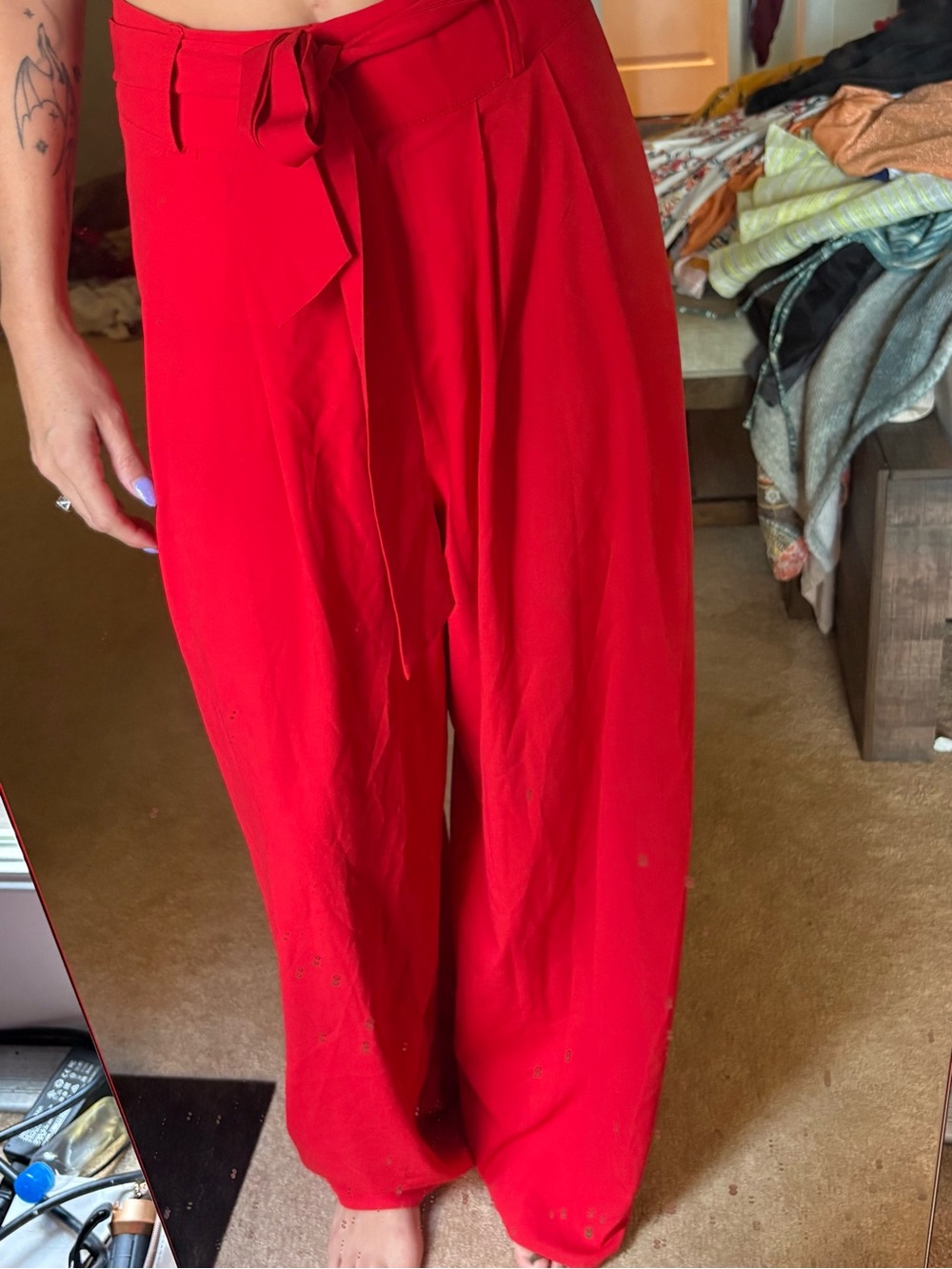 Flying Tomato Bright Red High-Rise Wide Leg Pants with Tie Belt